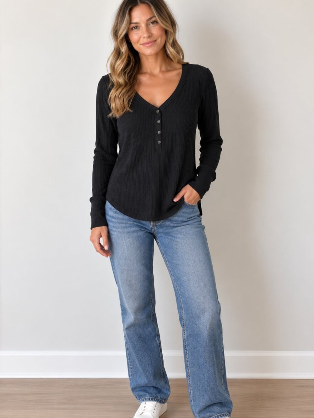 Abercrombie & Fitch Black Ribbed Henley Long Sleeve Shirt